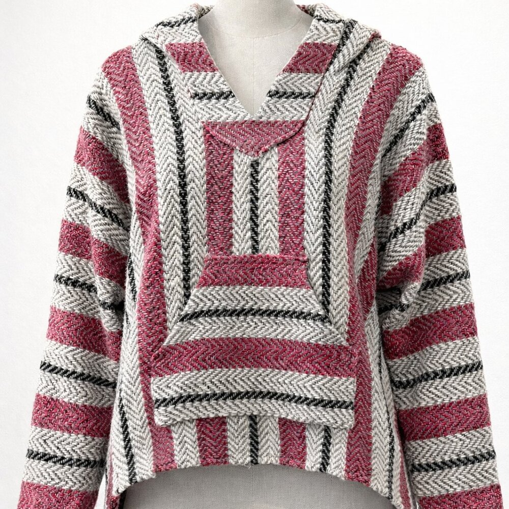 Baja Joe Mexican Hoodie Drug Rug Pink Gray Stripe Pullover Hooded Sweatshirt